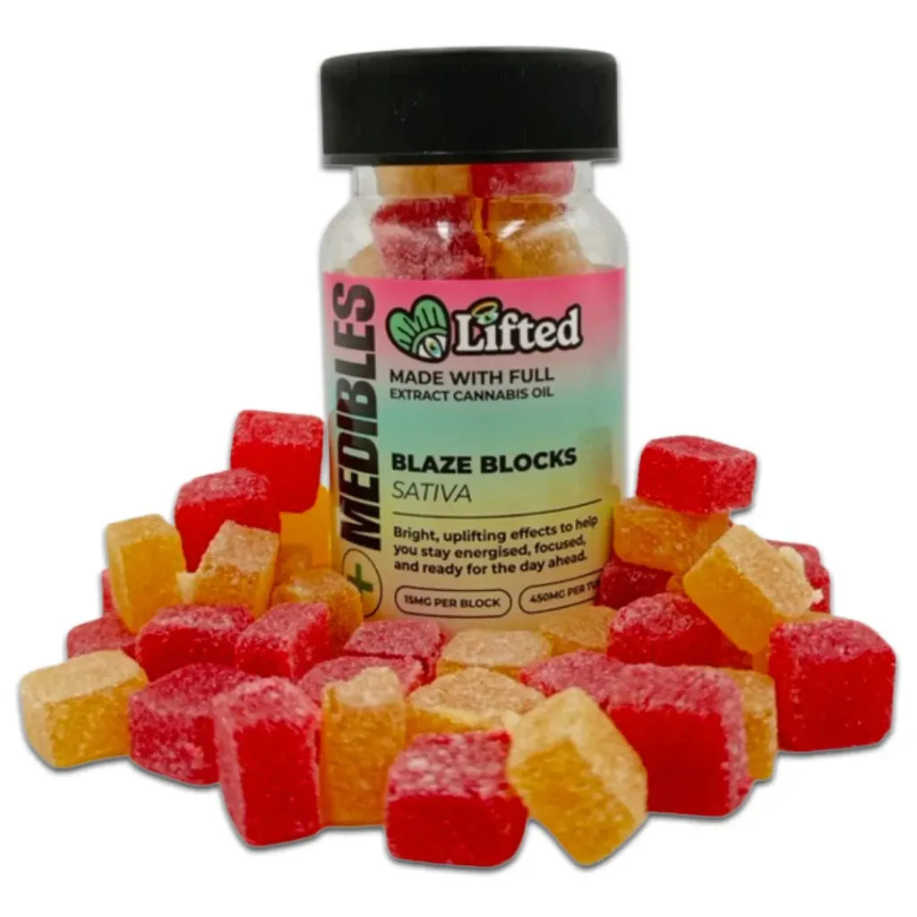 Gummies - Sugar-Coated FECO Blaze Blocks (Sativa) 450mg (30x15mg)